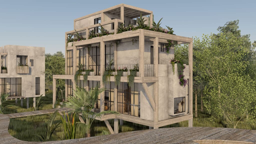 A modern multi-level home in Mangle Lot A, Tulum Hotel Zone, with concrete walls, large windows, and a spacious balcony decorated with lush plants and flowers.