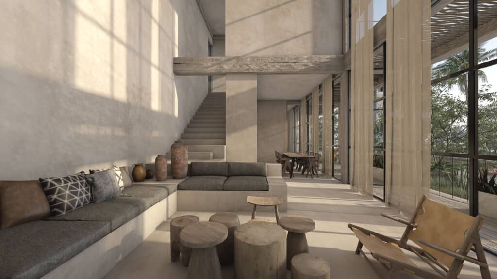 Interior view of Amanatura Mangle Tulum Home 2 in Tulum Hotel Zone, featuring a modern living area with large windows, neutral tones, and natural decor.