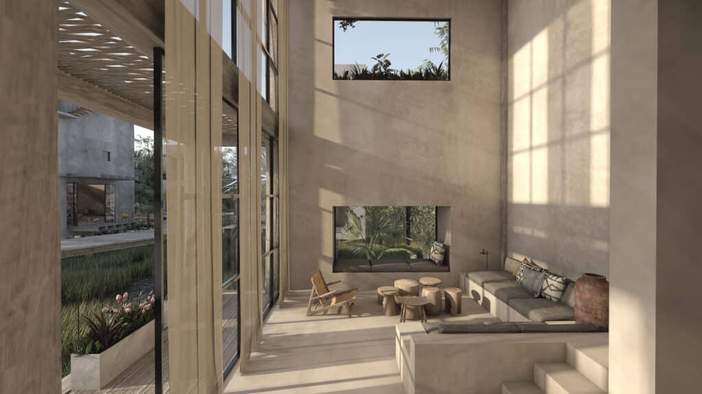 Interior view of the Amanatura Mangle Tulum Home 3 in Tulum Hotel Zone, featuring a high ceiling, large windows, neutral tones, and modern minimalist decor with natural light.