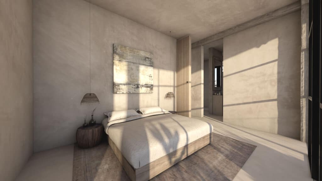 A modern bedroom in Amanatura Mangle Tulum Home 4, located in Tulum Hotel Zone, featuring minimalist decor, natural light, and neutral tones.