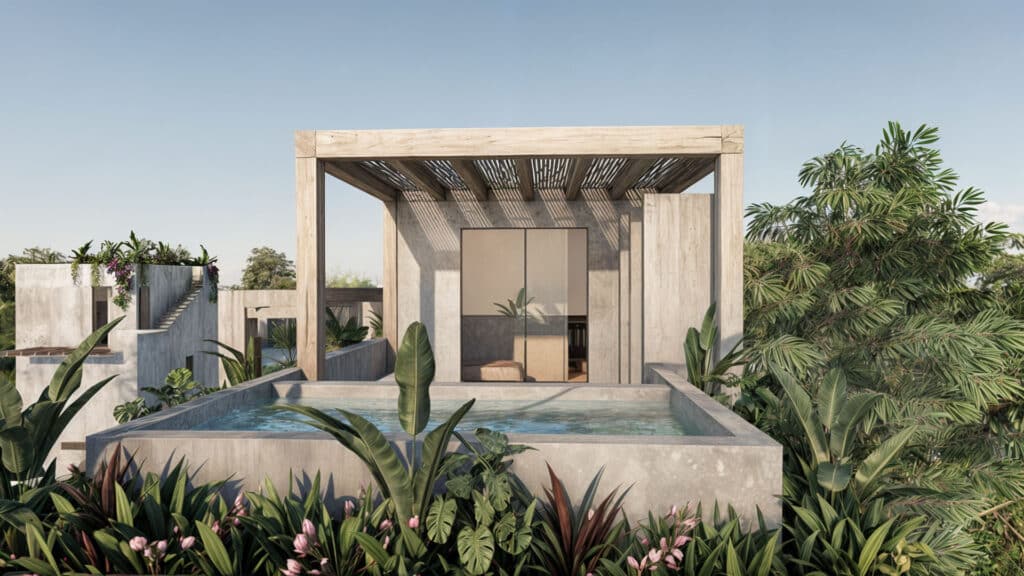A modern outdoor space at Amanatura Mangle Tulum Home 5 in Tulum Hotel Zone features a small pool under a wooden pergola, surrounded by lush tropical plants.