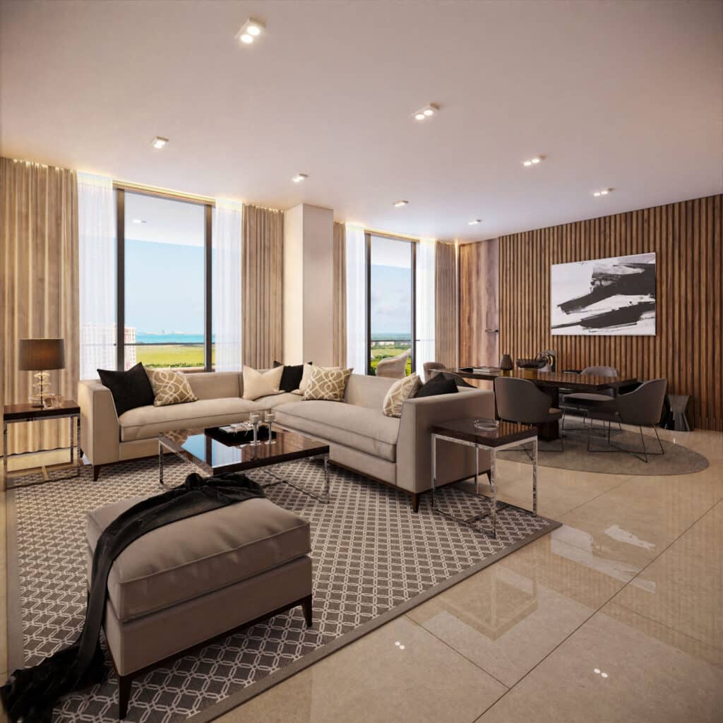 Interior view of a modern living room at BLAS 1401 in Cancun's Marina Front area, featuring large windows, a sectional sofa, and contemporary decor.