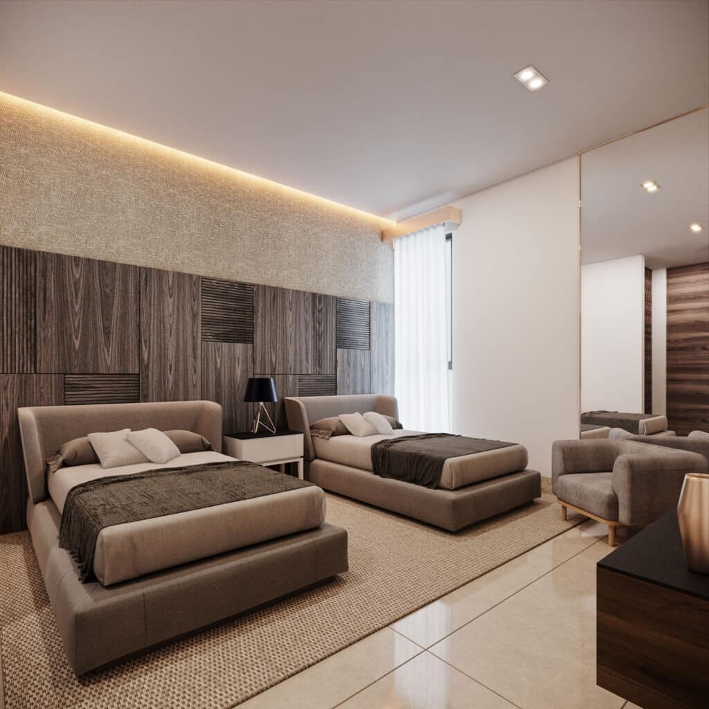Interior of a modern bedroom at BLAS 1401 in Cancun's Marina Front area, featuring two beige beds with dark bedding, a small side table with a black lamp, and a neutral color scheme.