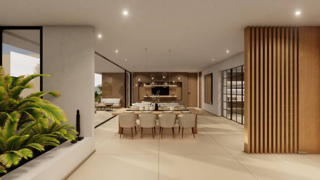 Interior view of Soleii C-201 in Playacar Phase 1, Playa del Carmen, showing an open-plan living and dining area with modern décor, wooden accents, and plenty of natural light.