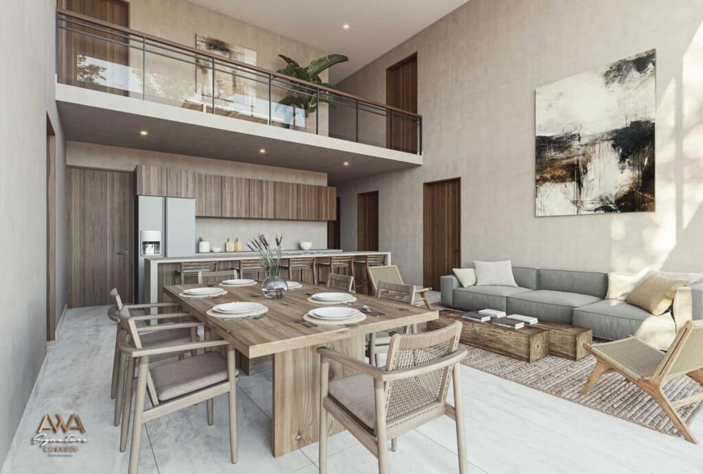 Interior view of the AWA Corasol PH D-201 penthouse in Corasol, Playa del Carmen, featuring a spacious open-plan living and dining area with modern wooden furniture and artwork.