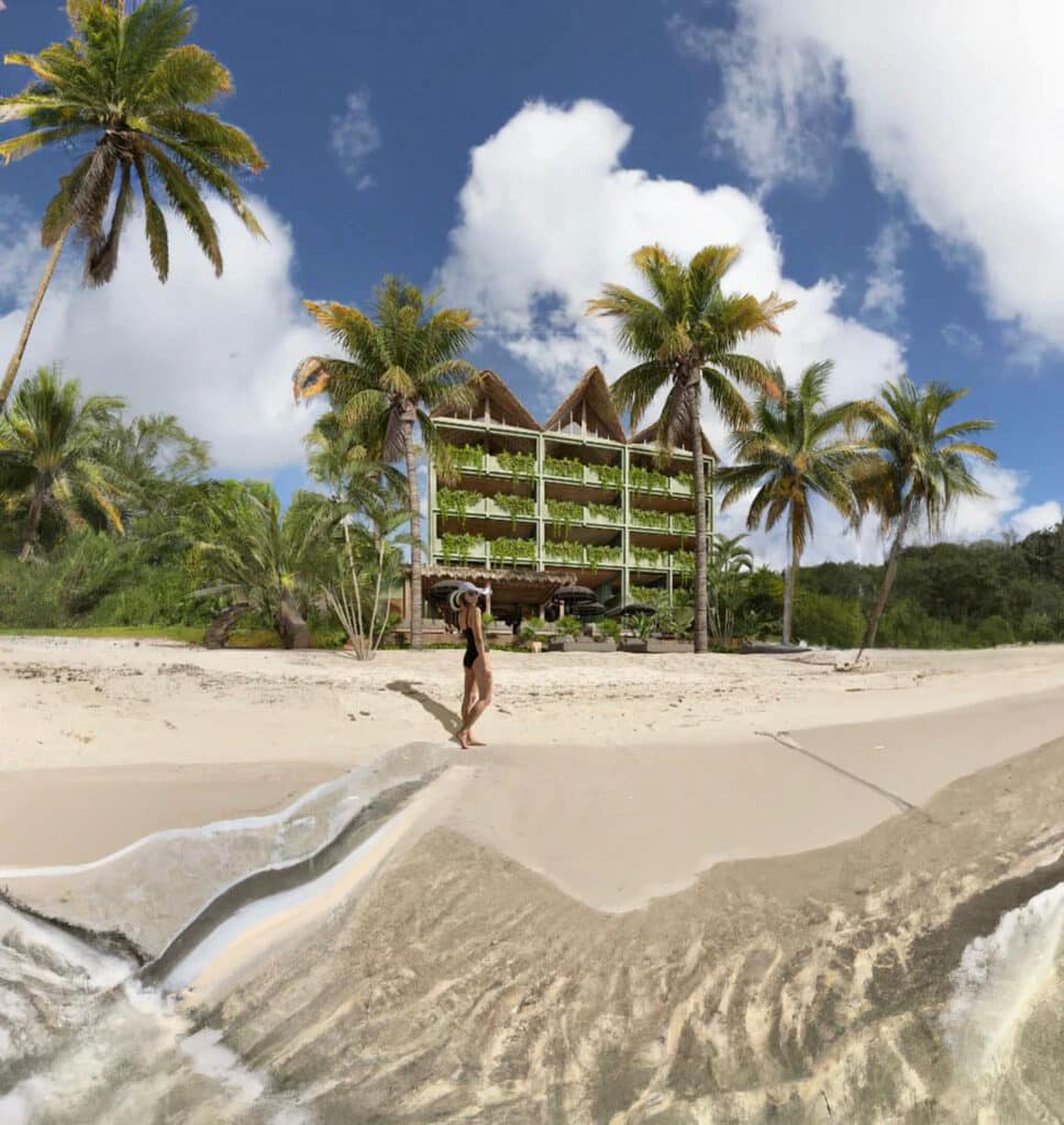 Acalai 303 is a beachfront development in Tulum, featuring a modern building surrounded by palm trees and sandy beaches under a bright, partly cloudy sky.