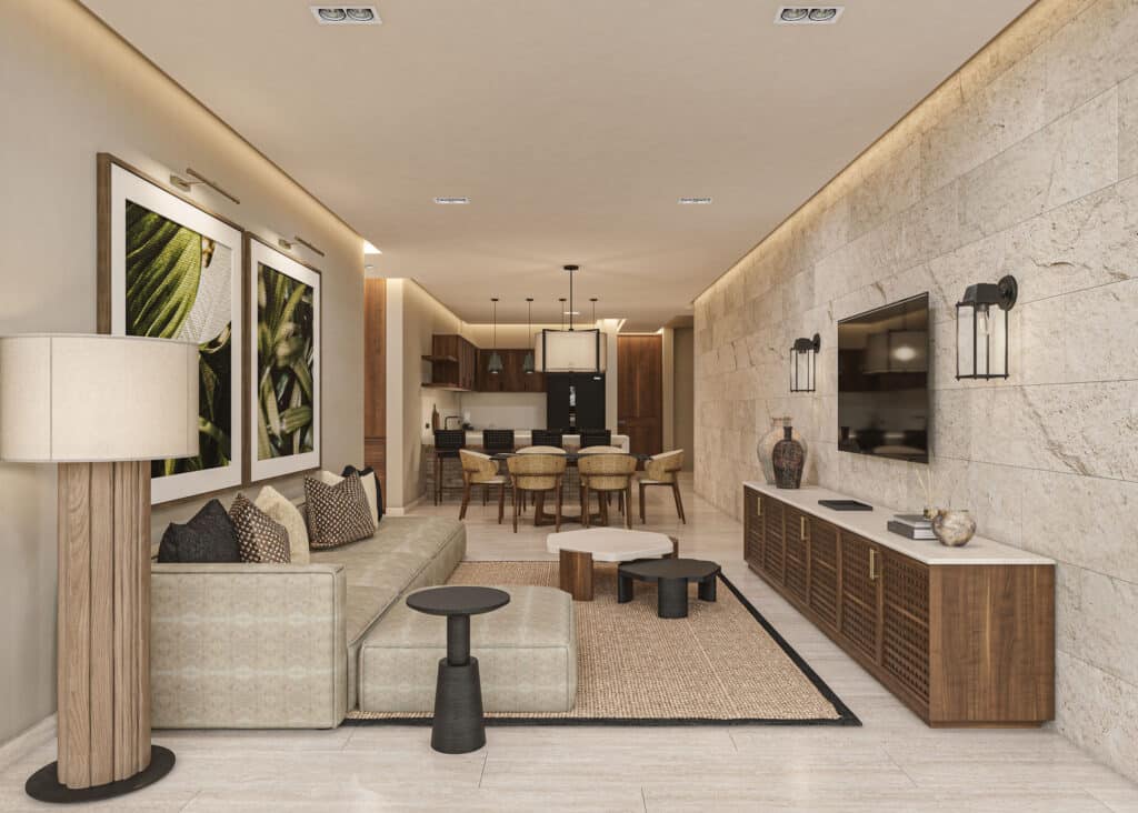 A modern living room in Banyan Tree Angsana A, Hacienda Xcanatun, Merida, featuring a neutral color palette, contemporary furniture, and stylish decorative accents.