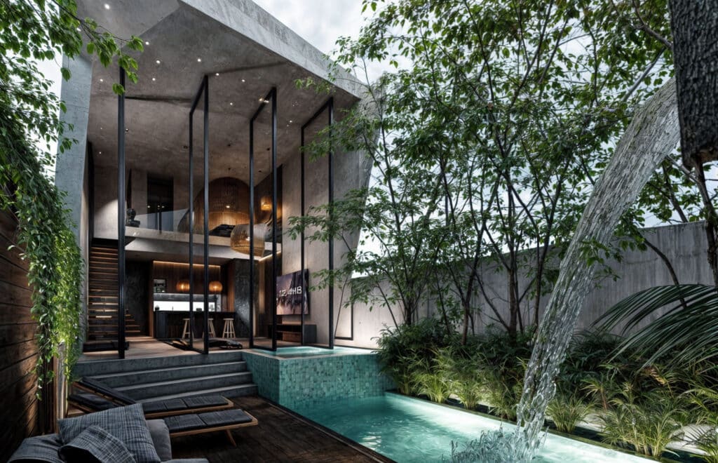 Modern townhouse in Niburu Village, Tulum, featuring a private pool, outdoor seating, lush greenery, and contemporary architectural details.