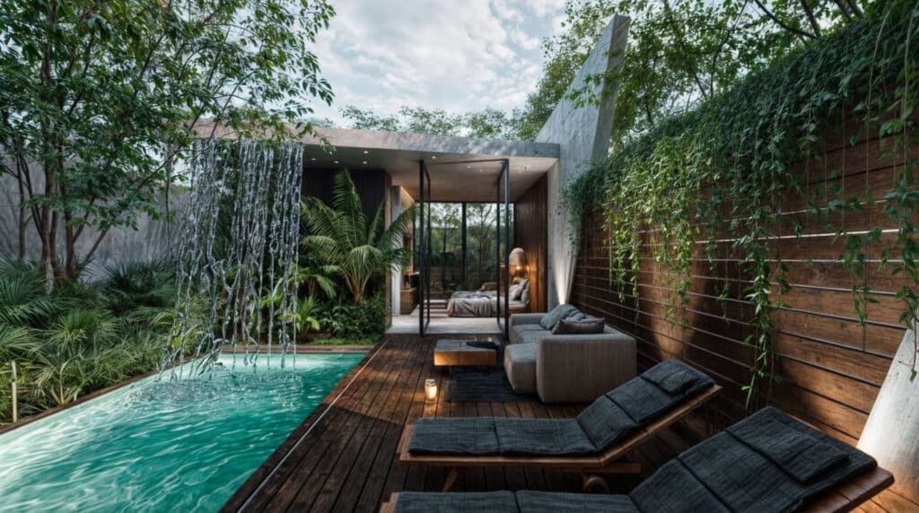 A modern townhouse at Niburu Village in Tulum features an outdoor pool area with lounge chairs, lush greenery, and a cozy indoor space visible through glass doors.