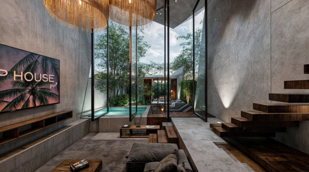 Interior of a modern townhouse in Niburu Village, Tulum, featuring concrete walls, wooden stairs, and a large glass door opening to a lush garden with a small pool.