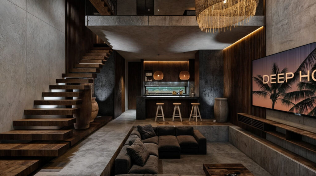 Interior lounge area of Niburu Village Townhouse in Tulum, featuring modern decor, wooden accents, a staircase, and a mountain view through the kitchen window.