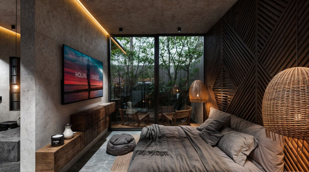A modern bedroom at Niburu Village Townhouse in Tulum features a large window overlooking a lush garden, wooden accents, and warm lighting creating a cozy atmosphere.