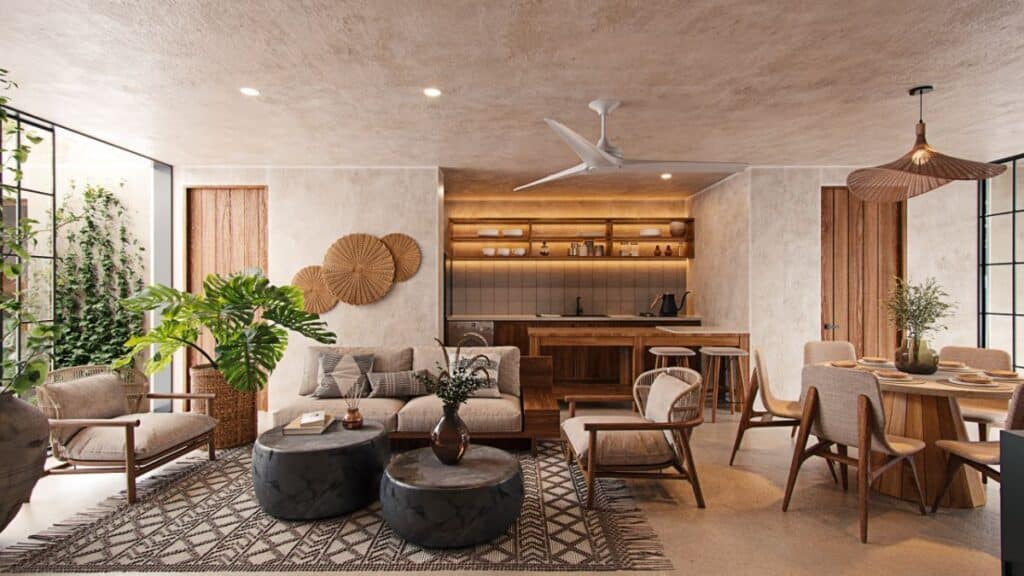 Living room with beige walls, wooden furniture, a beige sofa, armchairs, decorative wall art, large windows, and a kitchen area in the background, in the Qanaai Nah 101 development in Santa Ana, Merida.