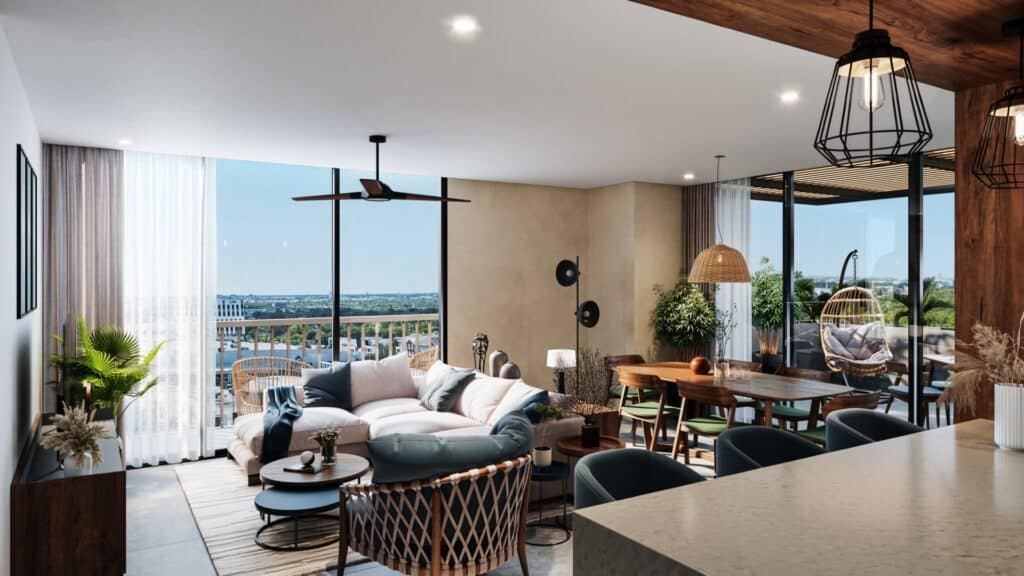 Interior view of a spacious living area at Manglar Cumbres L in Cancun, featuring large windows, modern furniture, and a balcony with city views.