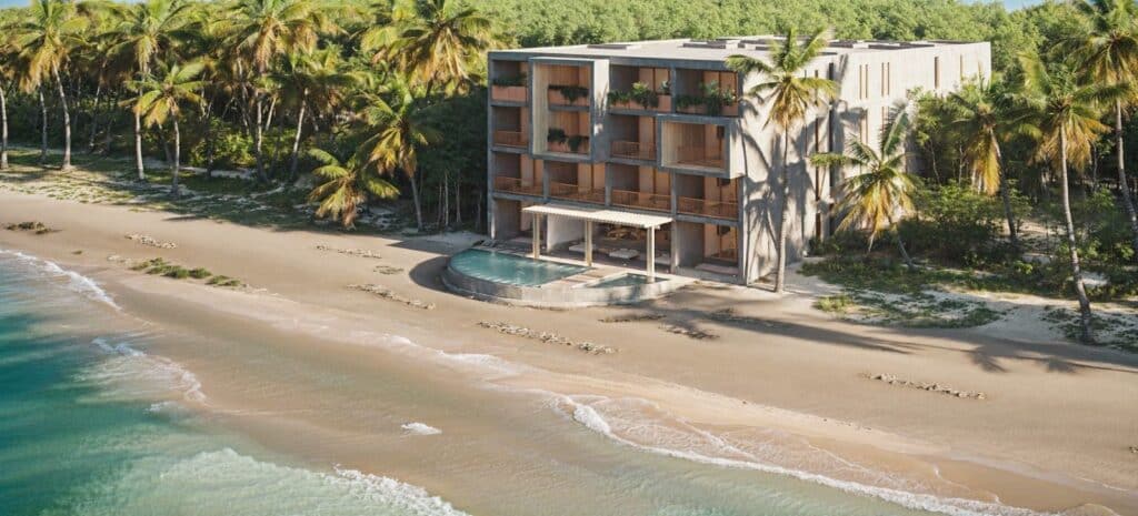 Maranta 203 Beachfront in Tulum, a modern beachfront condo with an infinity pool, nestled among palm trees directly on the sandy shore.