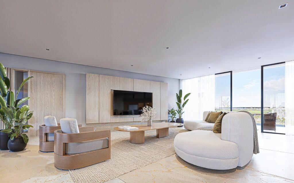 Living room at Velmari 604 in Cancun's Puerto Cancun area, featuring modern furniture, large windows with city views, and indoor plants.