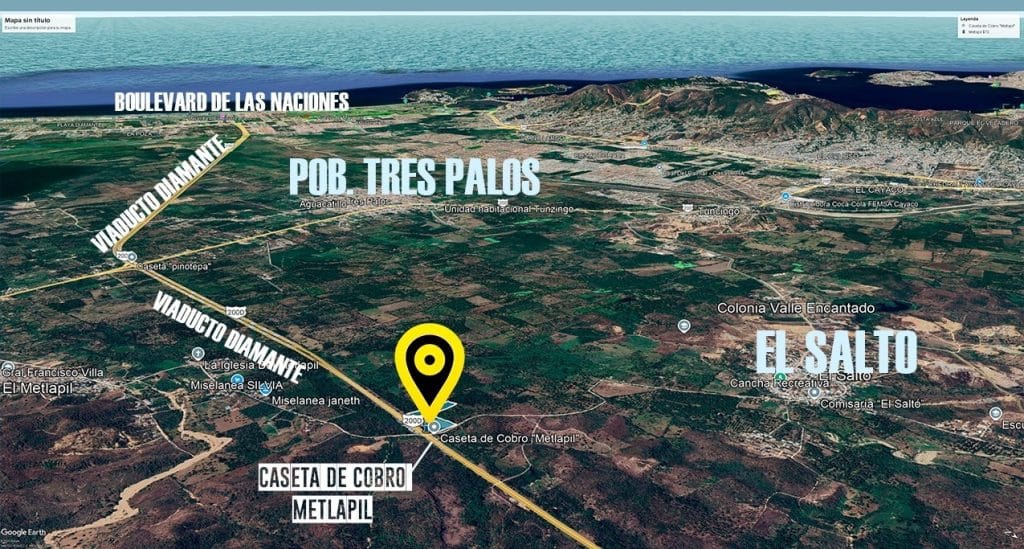 Land in Colibri Land, Acapulco, with labeled roads, landmarks, and surrounding areas visible in this aerial view