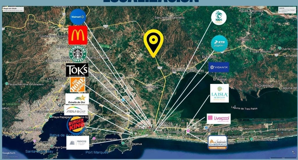 Land Guerrero 3 in Colibri Land, Acapulco, Mexico, surrounded by green areas and nearby amenities marked on the map