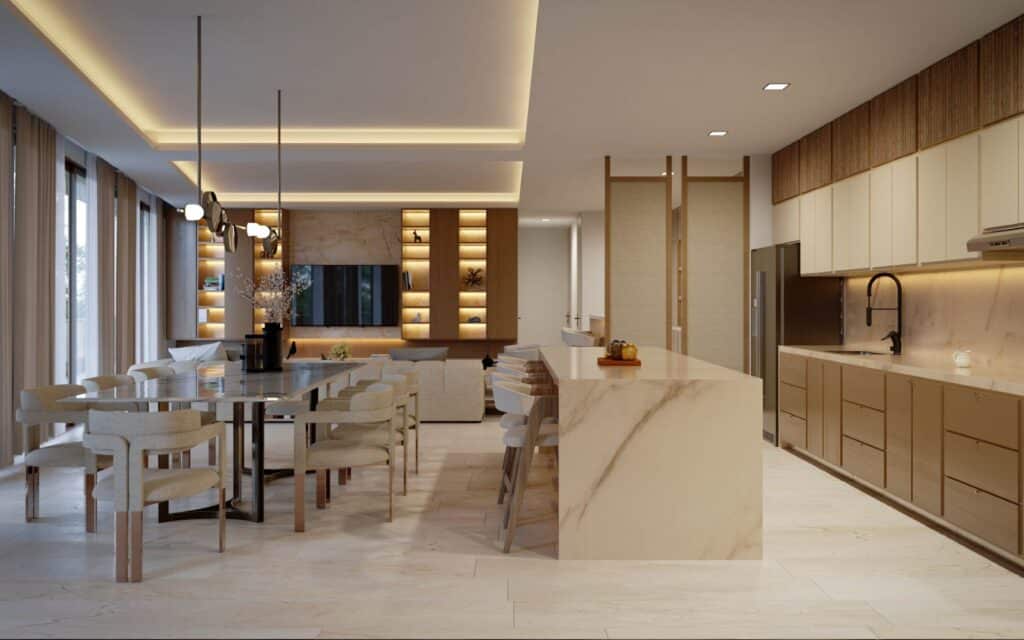 Distrito Zen Cancun 407 interior with modern kitchen, dining area, and living room in Puerto