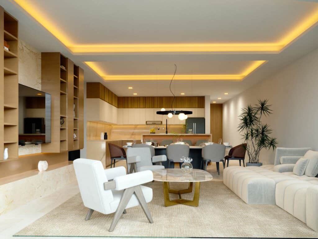 Living room interior in Distrito Zen Cancun 407, Cancun. Modern furniture, built-in shelves, dining area, and tasteful decor