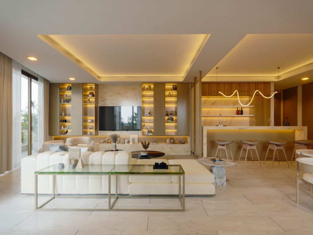 Modern living room in Distrito Zen Cancun 407, Puerto Cancun with beige furniture and built-in shelving