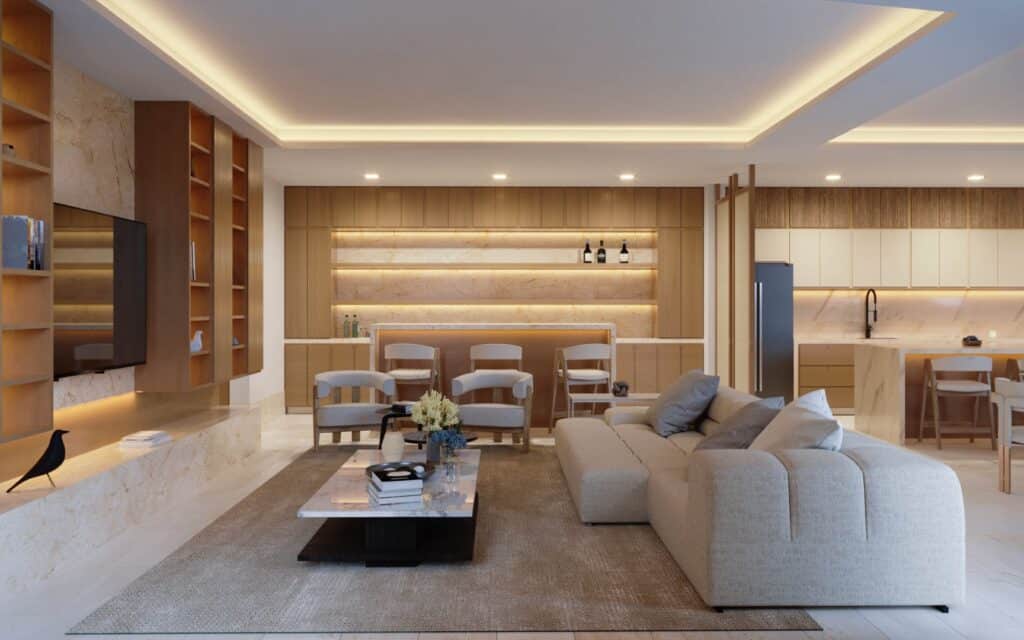 Interior of Distrito Zen Cancun 407 in Puerto Cancun, featuring a modern living room with beige furniture and wooden accents