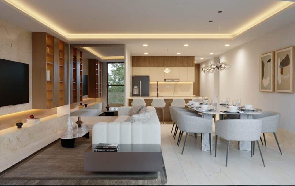 Modern living and dining area in Distrito Zen Cancun 407, Puerto