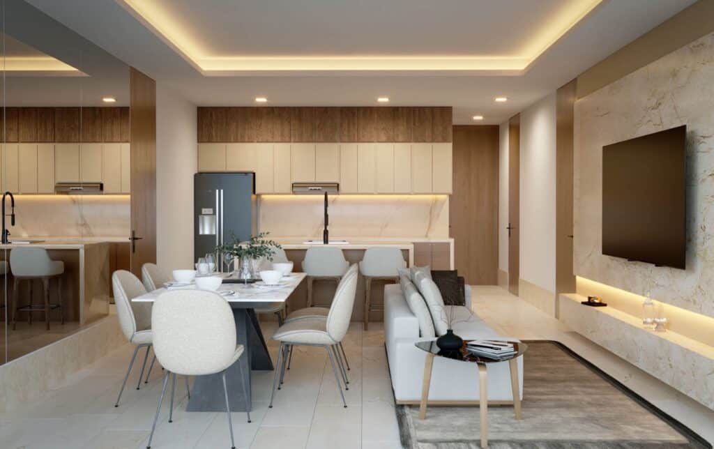 Interior of Distrito Zen Cancun 407 in Cancun, featuring a modern open-plan kitchen and dining area with beige and wood tones