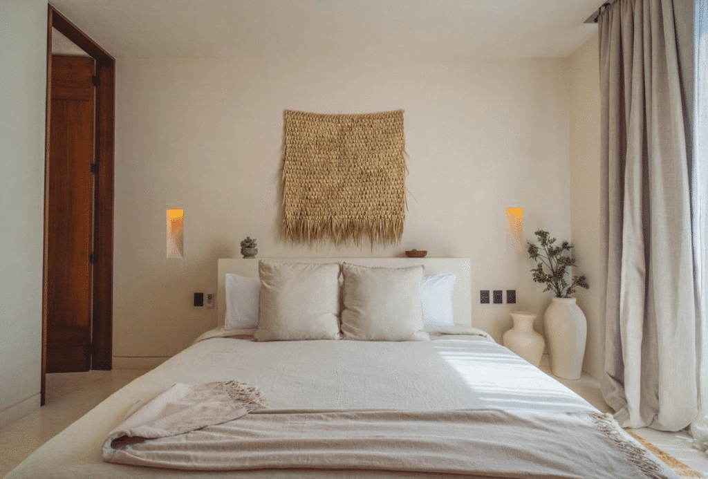 A bedroom in Namas 13, Tulum, featuring a neutral-toned bed with plush pillows, minimal decor, a woven wall hanging, and earth-toned vases with a window draped in light curtains.