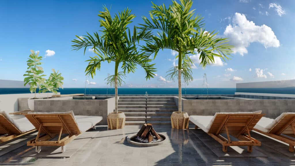 A rooftop terrace at Petrus in Playa del Carmen features wooden lounge chairs, potted palm trees, and a view of the ocean under a blue sky with scattered clouds.