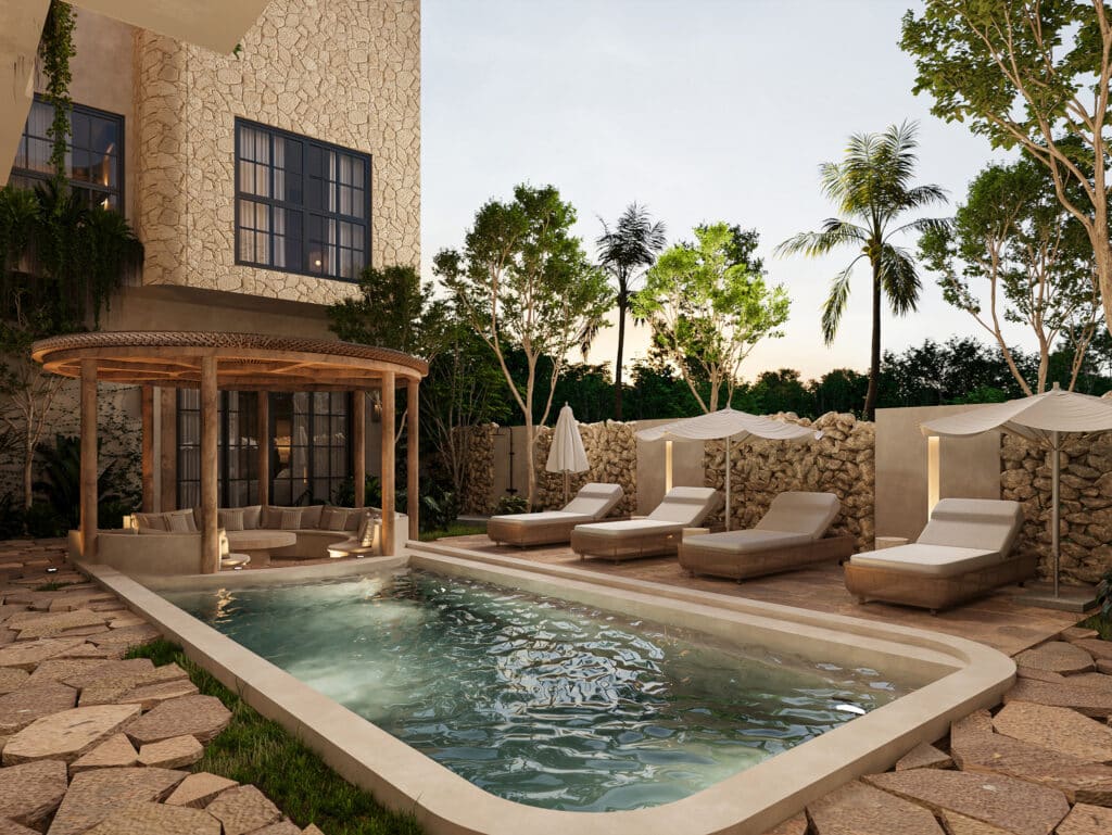 A luxurious house in Satori Enzo Horizon, Tulum, features a small infinity pool with lounge chairs and shaded seating area surrounded by lush greenery and tall trees.