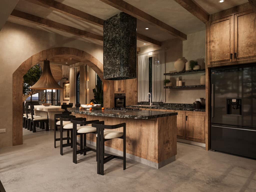 Interior view of a modern kitchen and dining area in Satori Enzo Horizon in Tulum, featuring wooden cabinets, black appliances, and contemporary decor accents.