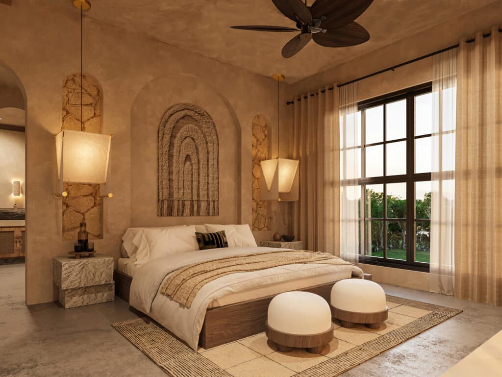 A cozy bedroom in Satori Enzo Horizon in Tulum features a large bed with neutral linens, textured wall art, warm lighting, and a view of lush greenery through large windows.