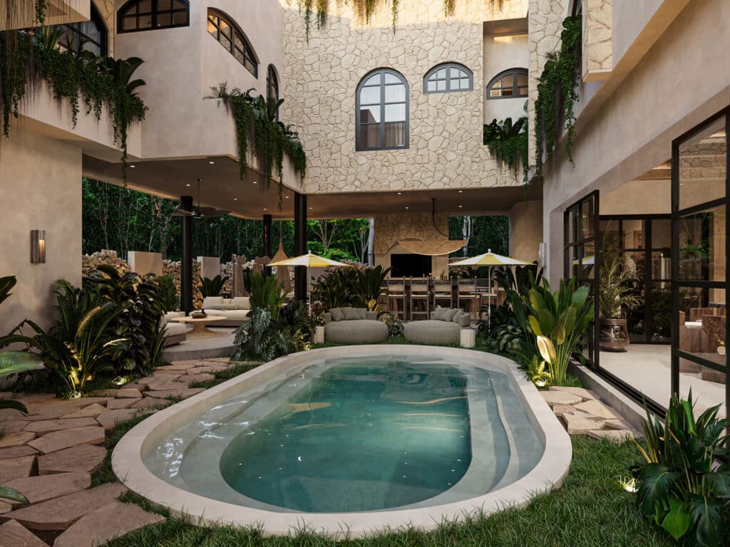 A luxurious courtyard at Satori Kanso in Tulum features a small kidney-shaped pool surrounded by lush greenery, comfy lounge chairs, and modern architecture with arched windows.