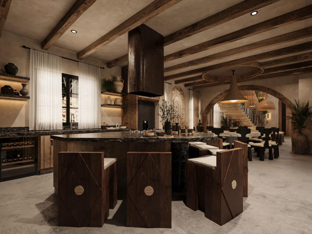 Interior of Satori Kanso in Tulum, featuring a rustic kitchen with wood beams, a central island, and a spacious open dining area with modern decor.