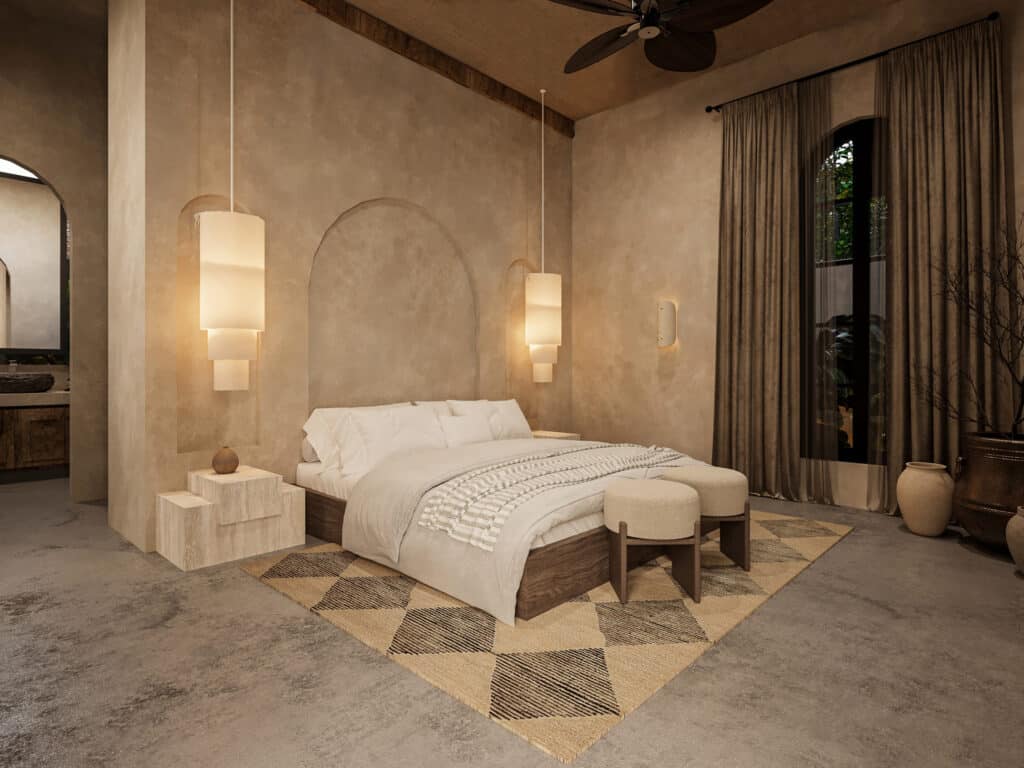 A bedroom in Satori Kanso, Tulum, featuring neutral tones, minimal decor, and natural textures with large curtains and a ceiling fan, creating a warm and relaxing atmosphere.