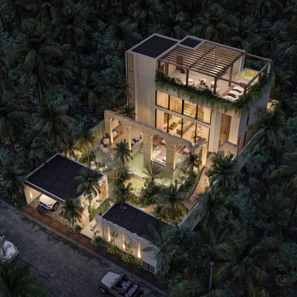 An aerial view of Satori Korin in Tulum showing a modern multi-story house with large glass windows, a rooftop terrace, a pool, and lush surrounding greenery in Region 8.