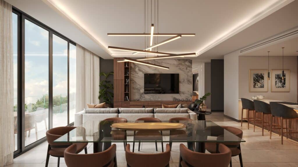 Modern living room in Lussela, Montecristo, Merida, featuring large windows, a marble accent wall, contemporary lighting, and stylish furnishings.