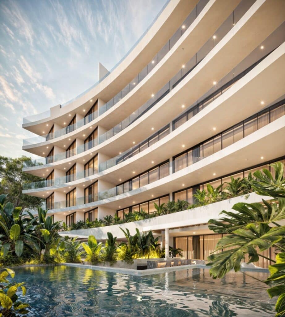Lussela, a modern residential building in Montecristo, Merida, features spacious balconies, lush landscaping, and a swimming pool with a scenic sky backdrop.