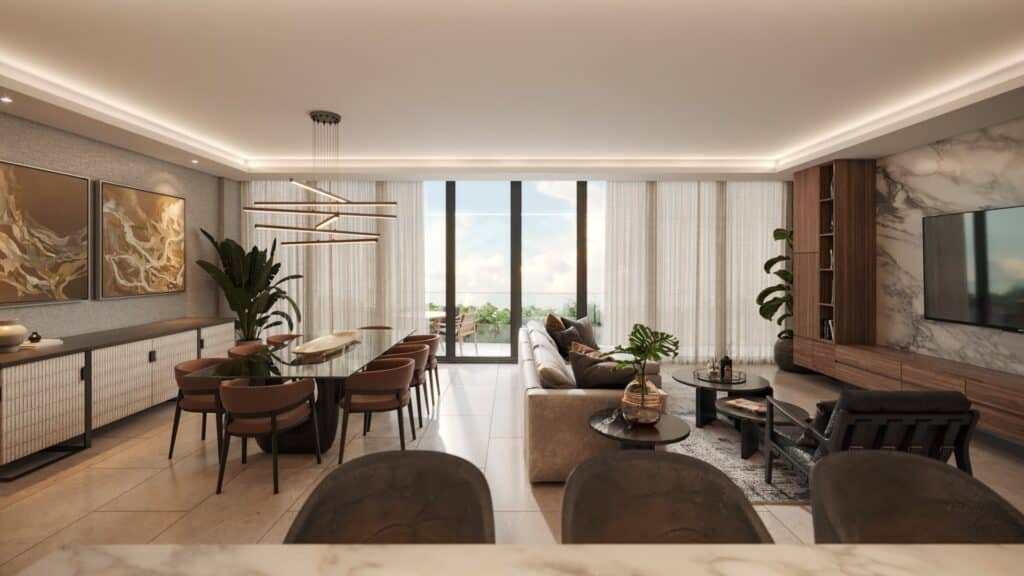 Spacious living and dining area in Lussela, Montecristo, Mérida, featuring modern decor, large windows with balcony views, a marble accent wall, and contemporary furnishings.