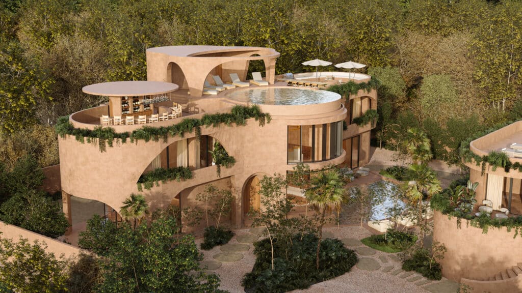 A modern house at Muuyal in Tulum features a rounded design with outdoor lounging areas, a rooftop pool, lush greenery, and natural desert-toned finishes.