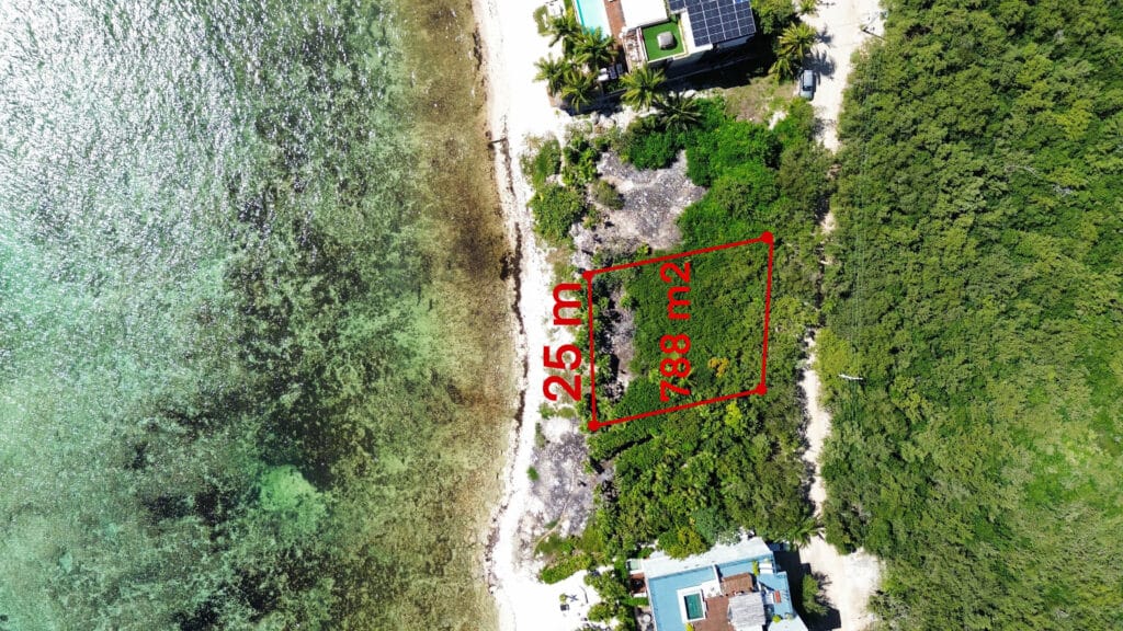 Aerial view of the beachfront lot at Tankah Bay Tulum in Tulum, showing the property outlined in red with dimensions of 25 meters by 78.8 meters, surrounded by lush greenery and close to the shoreline.