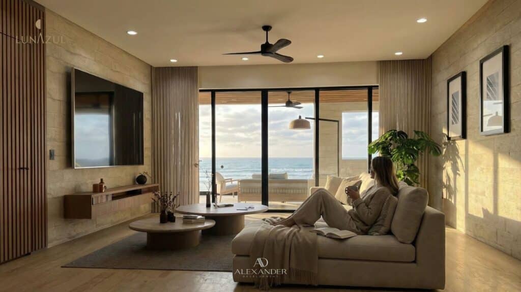 Living room with large glass sliding doors opening to a balcony overlooking the ocean at Luna Azul 103 in Bahia Xcacel, Puerto Aventuras.