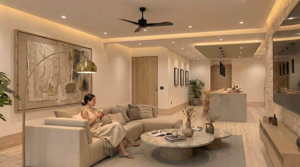 Interior of a modern living room with a woman sitting on a beige sofa, artwork on the wall, and a dining area with hanging lights at Bahia Xcacel, Puerto Aventuras at Luna Azul 101.