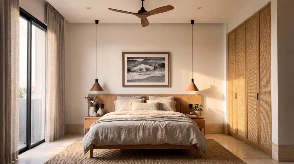 Modern bedroom with large window, beige bedding, wooden furniture, and minimalist decor at Luna Azul 403 in Bahia Xcacel.