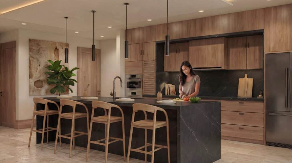 Modern kitchen with wooden cabinets, black marble countertops, a large island, and a woman preparing vegetables at Luna Azul in Bahia Xcacel at Luna Azul 403.