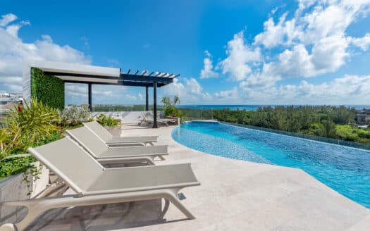 Poolside lounge chairs and lush green plants overlooking a distant ocean view with a bright blue sky at Sea Tower Studio in Luis Donaldo Colosio, Playa del Carmen.