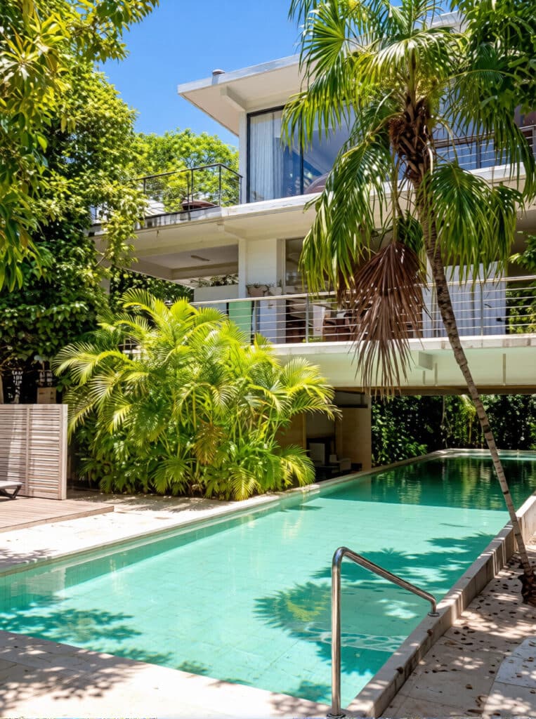 Modern apartment with large glass windows, balcony, and a private pool surrounded by lush greenery at Tao Tse M8 1-Bedroom Condo in Akumal.