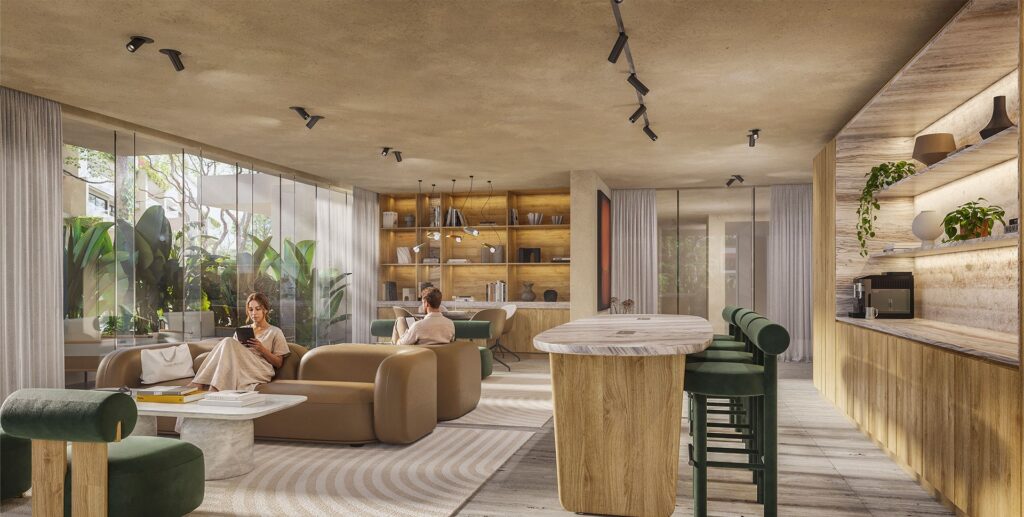 Modern living room with floor-to-ceiling windows, green and beige furniture, wooden shelves, and a cozy atmosphere at Viceroy Residences in Playa del Carmen.
