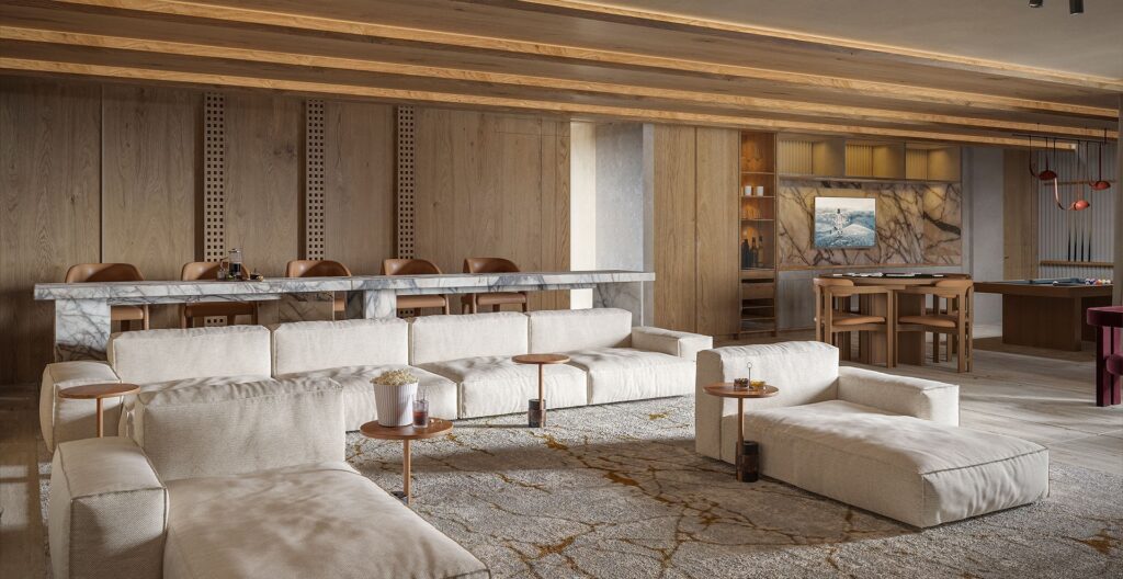 Luxury living room with beige sectional sofa, modern wood decor, and a mountain view on a TV screen in Playa del Carmen.